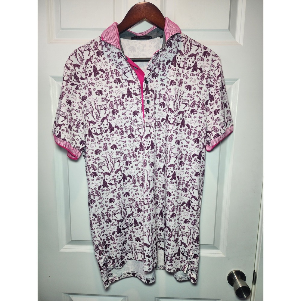 Greyson Mens Golf Polo Shirt Medium White Purple Panda Animal Print Short Sleeve